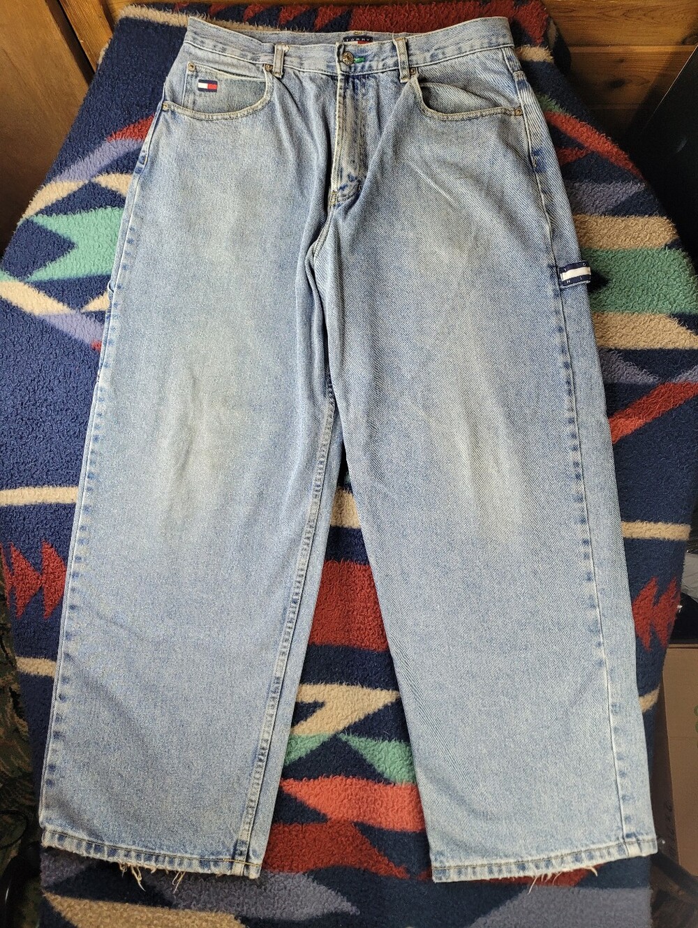 90s Y2K Tommy Hilfiger Baggy Wide Leg Jeans Mens 34 x 28 Blue Carpenter Hip Hop